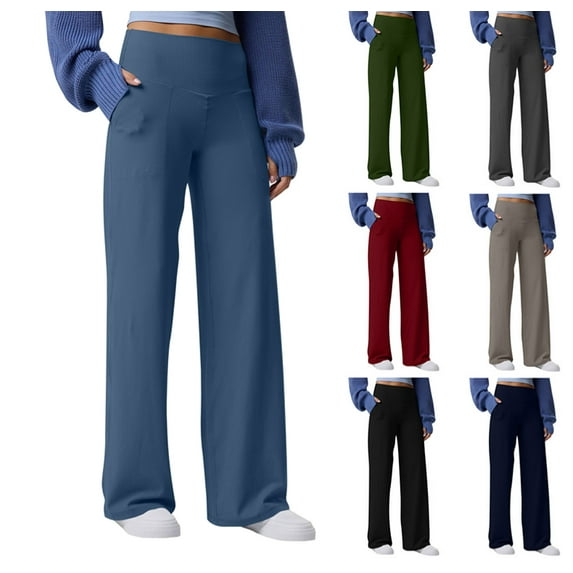 Women Fleece Lined Ribbed Pants with Pockets Wide Leg Winter Thermal Work Trousers Dressy Casual Blue M