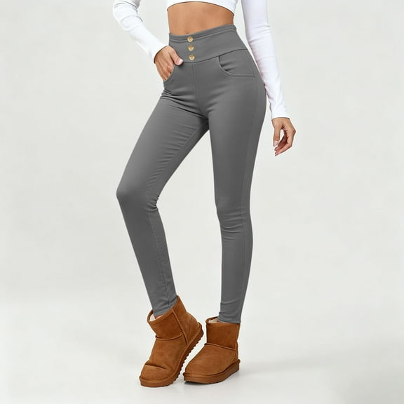 Women Fleece Lined Tights Pants Thermal Leggings High Waist Winter Warm Slim Fitting Legging Pants with Pockets Business Pants for Women Dark Gray L