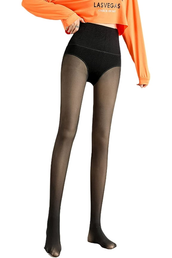 Women Fleece Lined Tights with Control Top, Sheer Warm High Waist Fake Translucent Pantyhose Opaque Leggings Winter Fall