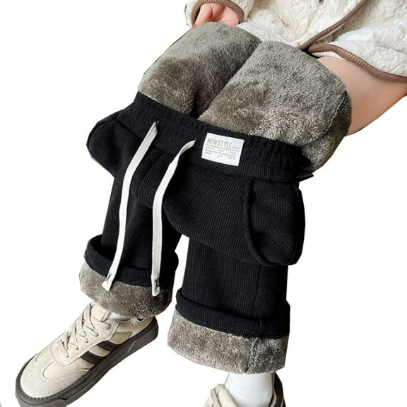 Women Fleece Lined Wide Leg Pants, Drawstring High Waisted Winter Warm Pants with Pockets