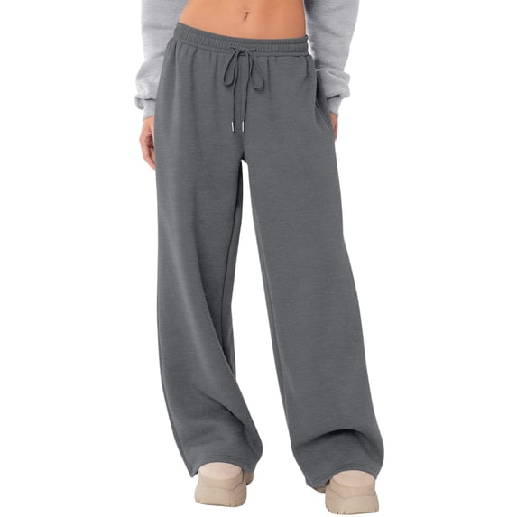 Women Fleece Lined Wide Leg Sweatpants - Drawstring Elastic Waisted Barrel Pants Loose Casual Lounge Travel Pants,Dark Gray S