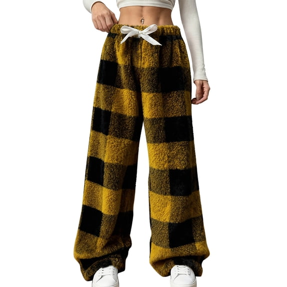 Women Fleece Lounge Pants Plaid Pajama Bottoms Plus Size Drawstring Elastic Waist Wide Leg Flannel Warm Trousers (2XL, Yellow)