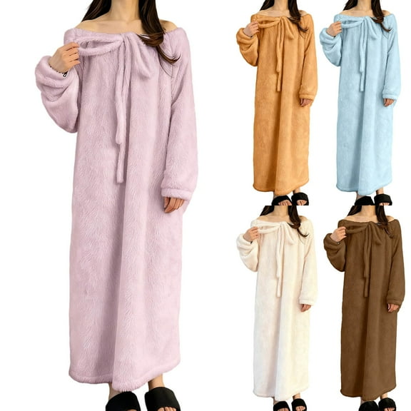 Women Fleece Nightgown Long Sleeve Warm Sleep Dress Soft Plush Loungewear Cozy Winter Nightwear Home Robe