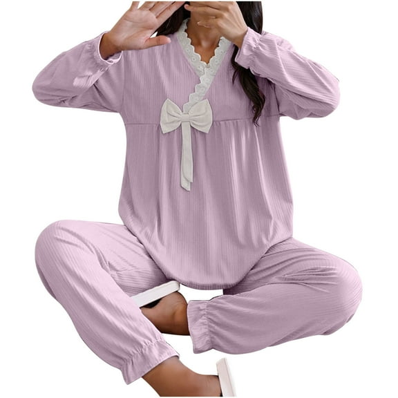 Women Fleece Pajama Set Long Sleeve Flannel Sleepwear Bow Tie Loungewear Two Piece Soft Warm Winter Pjs Outfit