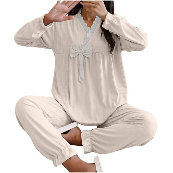 Women Fleece Pajama Set Long Sleeve Flannel Sleepwear Bow Tie Loungewear Two Piece Soft Warm Winter Pjs Outfit