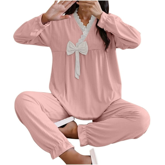 Women Fleece Pajama Set Long Sleeve Flannel Sleepwear Bow Tie Loungewear Two Piece Soft Warm Winter Pjs Outfit