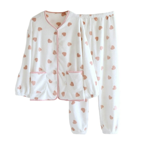Women Fleece Pajama Set Polka Dot Long Sleeve Button Down Sleepwear Warm Winter Loungewear Pjs Set