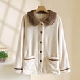 thumbnail image 1 of Women Fleece Pajama Tops Collared Button down Sleepwear Fuzzy Coat Long Sleeve Warm Winter Jacket with Pockets New Beige L, 1 of 3