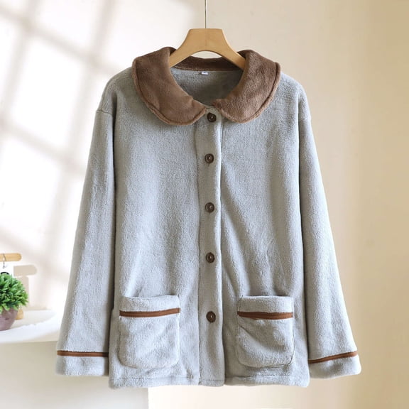Women Fleece Pajama Tops Collared Button down Sleepwear Fuzzy Coat Long Sleeve Warm Winter Jacket with Pockets New Gray L