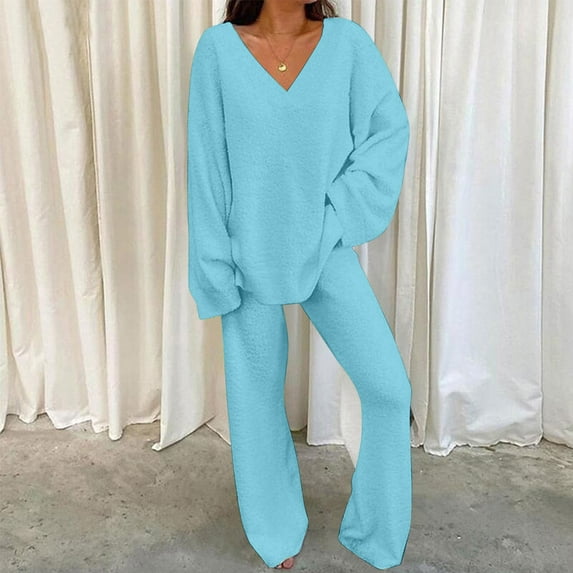 Women Fleece Pajamas Set Warm Winter Clearance,Women's 2 Piece Outfits Fuzzy Fleece Pajama Set Solid Long Sleeve Top Wide Leg Pants Loungewear