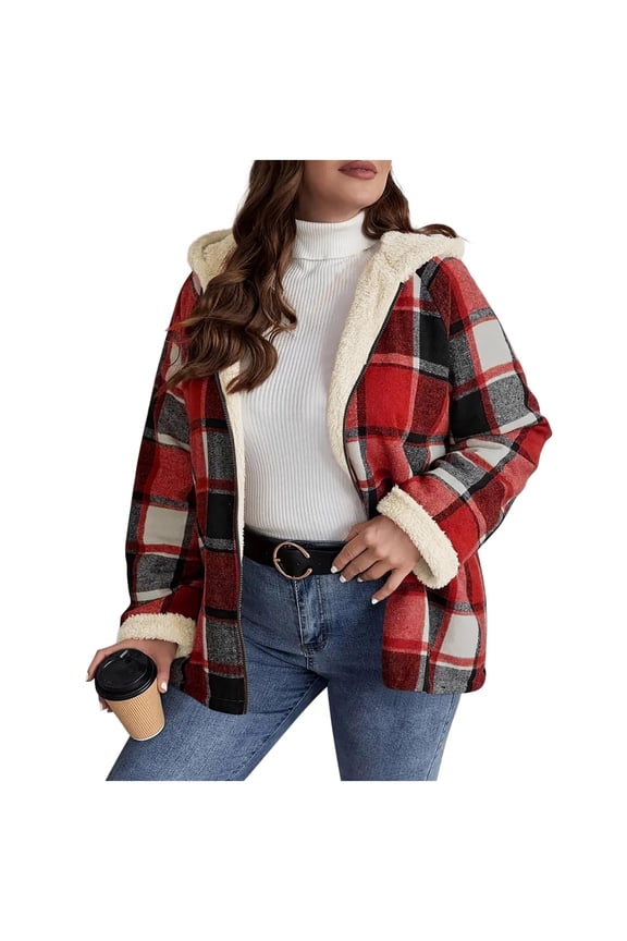 Women Fleece Plaid Shacket Jacket 2025 Long Sleeve Button Down Flannel Shirt Fashion Casual Fall Outerwear Coat
