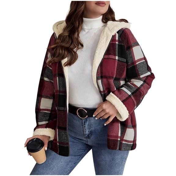 Women Fleece Plaid Shacket Jacket 2025 Long Sleeve Button Down Flannel Shirt Fashion Casual Fall Outerwear Coat