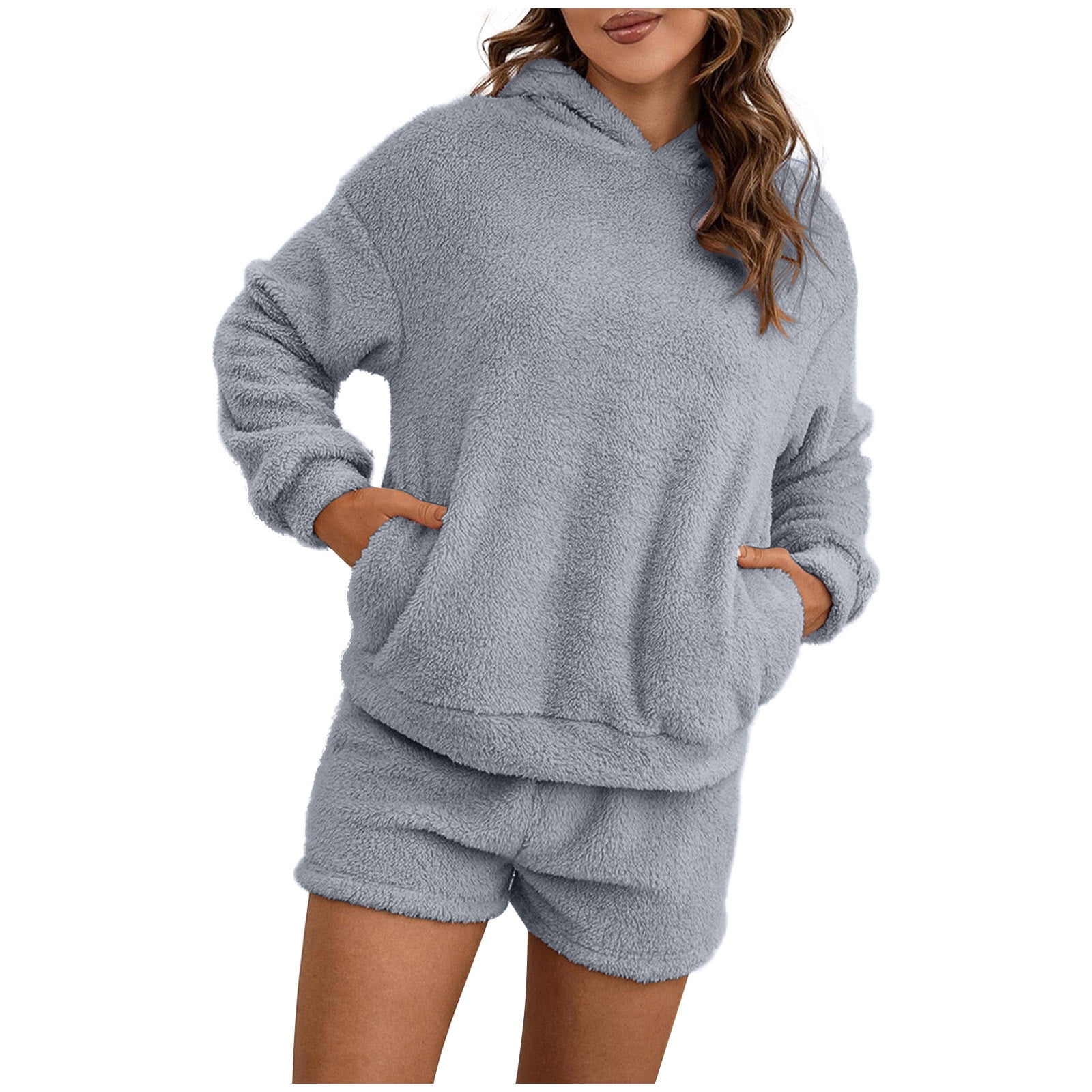 Women Fleece Pyjamas Set Fluffy Soft Hooded Twosie Pyjama Sets Women Shorts Pjs Sherpa Fleece Loungewear Winter Warm Cosy Nightwear Lounge Wear Comfort Loose Fit 2 Piece Set with Pockets Ladies