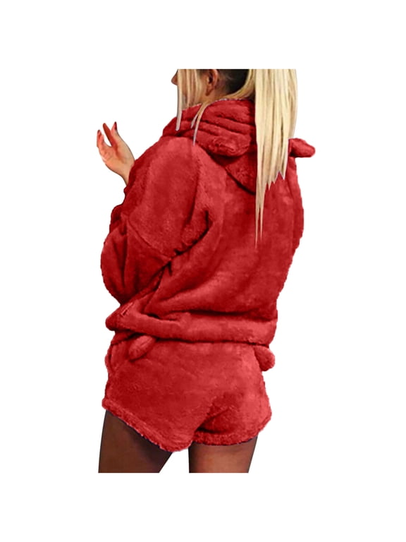 Women Fleece Pyjamas Set Fluffy Soft Hooded Twosie Pyjama Sets Teddy Bear Shorts Pjs Sherpa Fleece Loungewear Winter Warm Cosy Nightwear Comfort Loose Fit 2 Piece Outfit with Bear Ear Pockets Ladies