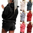 thumbnail image 1 of Women Fleece Pyjamas Set Fluffy Soft Hooded Twosie Pyjama Sets Teddy Bear Shorts Pjs Sherpa Fleece Loungewear Winter Warm Cosy Nightwear Comfort Loose Fit 2 Piece Outfit with Bear Ear Pockets Ladies, 1 of 6