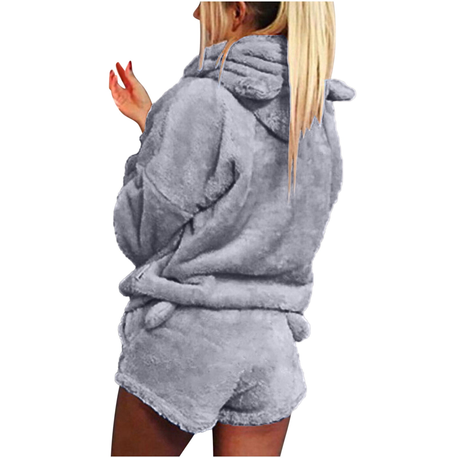 Women Fleece Pyjamas Set Fluffy Soft Hooded Twosie Pyjama Sets Teddy Bear Shorts Pjs Sherpa Fleece Loungewear Winter Warm Cosy Nightwear Comfort Loose Fit 2 Piece Outfit with Bear Ear Pockets Ladies