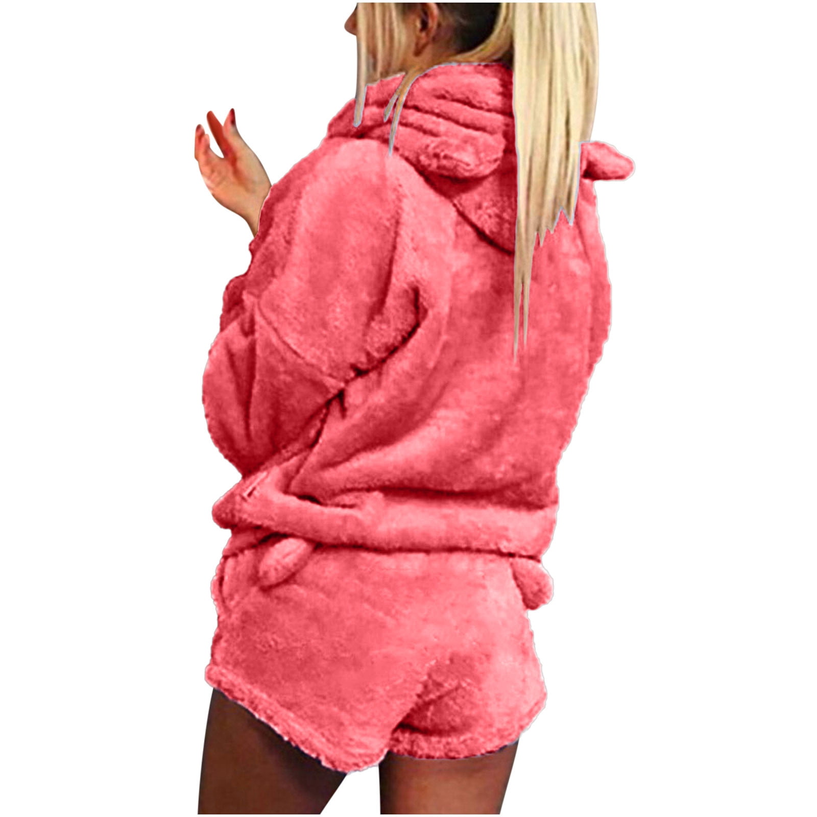 Women Fleece Pyjamas Set Fluffy Soft Hooded Twosie Pyjama Sets Teddy Bear Shorts Pjs Sherpa Fleece Loungewear Winter Warm Cosy Nightwear Comfort Loose Fit 2 Piece Outfit with Bear Ear Pockets Ladies