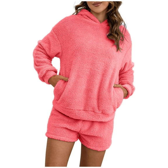 Women Fleece Pyjamas Set, Fluffy Soft Hooded Twosie Pyjama Sets Women Shorts Pjs Sherpa Fleece Loungewear Winter Warm Cosy Nightwear Lounge Wear Comfort Loose Fit 2 Piece Set with Pockets Ladies