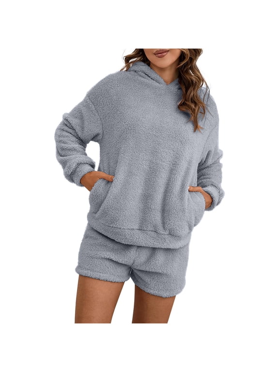 Women Fleece Pyjamas Set, Fluffy Soft Hooded Twosie Pyjama Sets Women Shorts Pjs Sherpa Fleece Loungewear Winter Warm Cosy Nightwear Lounge Wear Comfort Loose Fit 2 Piece Set with Pockets Ladies
