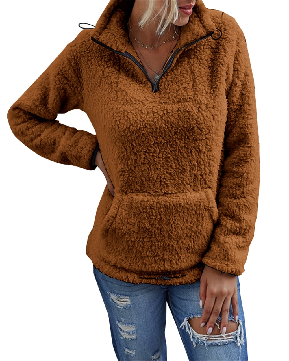 Women Fleece Sherpa Pullover Sweatshirts Long Sleeve Stand Collar