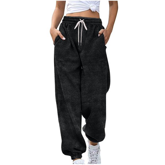 Women Fleece Sweatpants Fuzzy High Waisted Drawstring Baggy Pant Solid Joggers with Pockets Pants Fall Winter