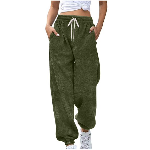 Women Fleece Sweatpants Fuzzy High Waisted Drawstring Baggy Pant Solid Joggers with Pockets Pants Fall Winter