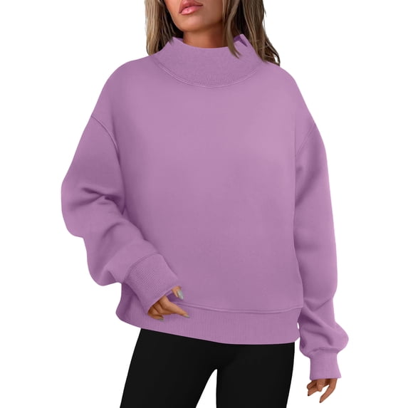 Women Fleece Sweatshirt Casual Loose Drop Shoulder Mock Neck Pullover Sweatshirts Solid Color Trendy Fall Winter Warm Tops