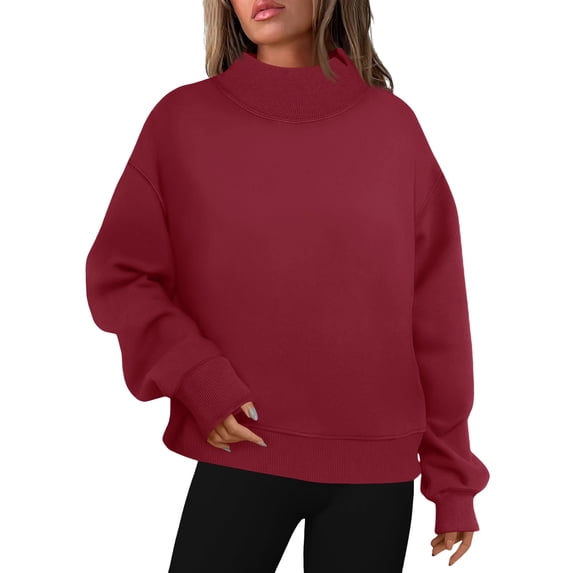 Women Fleece Sweatshirt Casual Loose Drop Shoulder Mock Neck Pullover Sweatshirts Solid Color Trendy Fall Winter Warm Tops