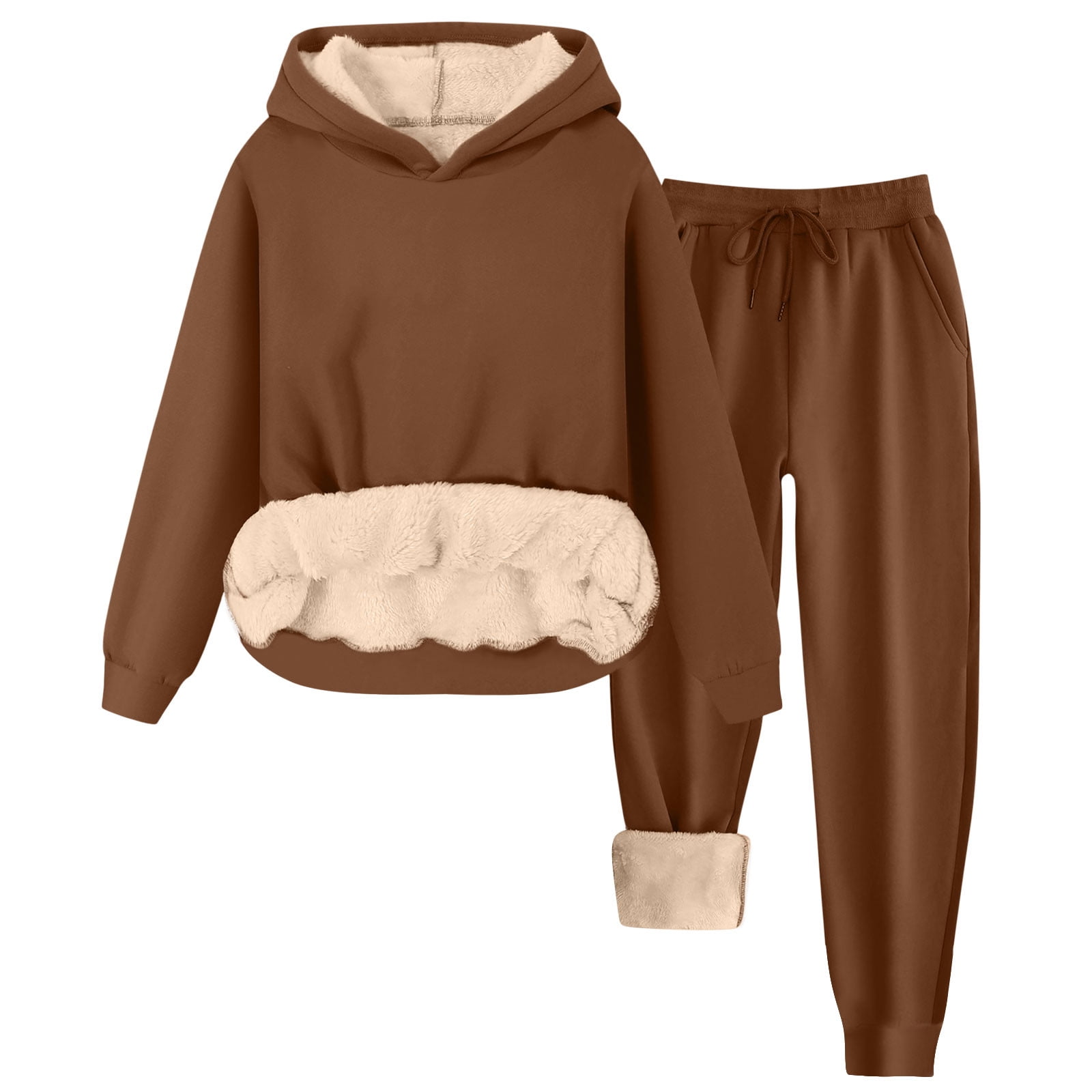 LeeHanTon Women's Sherpa-Lined Jogging Suit – 2-Piece Zip Hoodie & Pants Set, Warm & Cozy