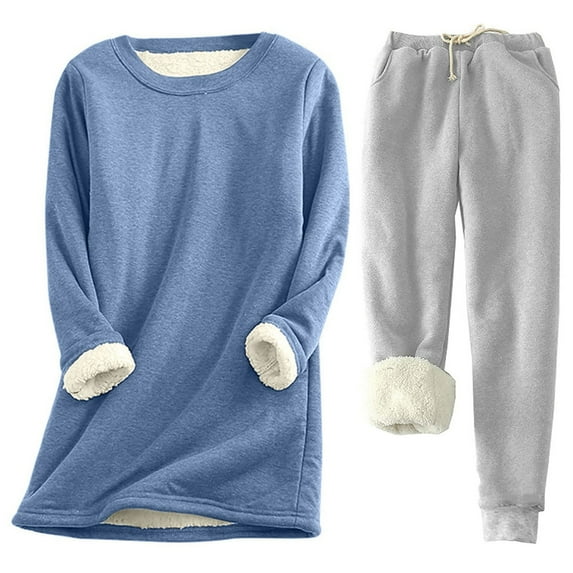 Women Fleece Sweatsuit 2 Piece Outfit Winter Warm Fleece Lined Tracksuit Solid Crewneck Sweatshirts and Sweatpants Fall Warm Set Two Piece Sports Suit Set S-66 Gray M