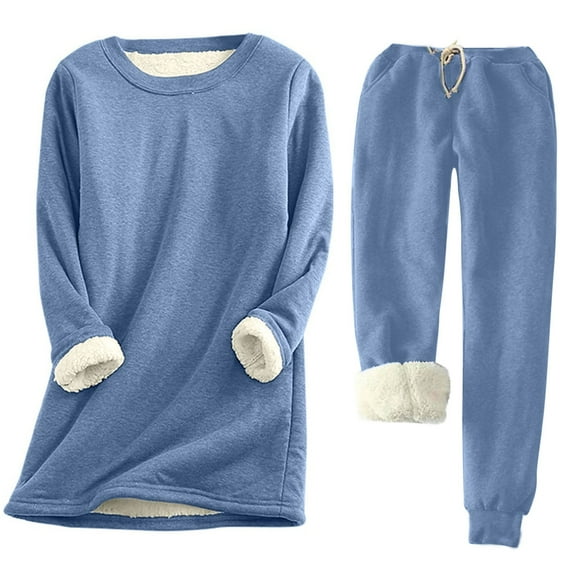 Women Fleece Sweatsuit 2 Pieces Outfit Winter Warm Sherpa Lined Tracksuit Crewneck Sweatshirts and Sweatpants Set