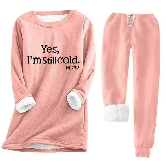 FAVIPT Yes I'm Still Freezing Cold 24 7 Sweatshirt for Women 2024 Winter Warm Sherpa Lined Fleece Tops Joggers Pants Sweatsuits 2 Piece Set Winter Thermal 2024