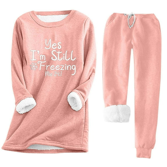 Women Fleece Sweatsuit 2 Pieces Outfit Yes I'm Still Freezing Me 24 7 Winter Warm Sherpa Lined Tracksuit Crewneck Sweatshirts and Sweatpants Set
