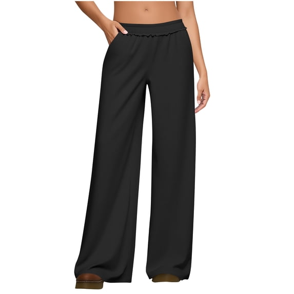 Women Fleece Wide Leg Sweatpants, Fashion Ruffle Elastic Waist Pull On Pants with Pocket Female Solid Color Straight Leg Pants Casual Loose Trousers with Pockets