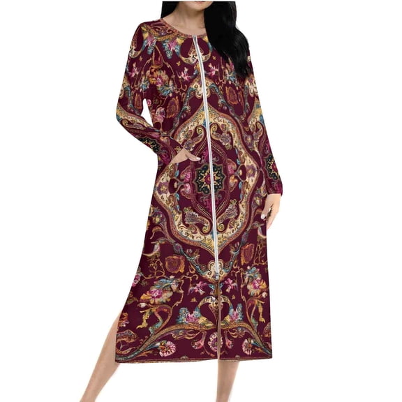 Women Fleece Zip Robe Long Sleeve Flannel Nightgown Warm Plush Sleepwear Floral Print Loungewear Winter Dress