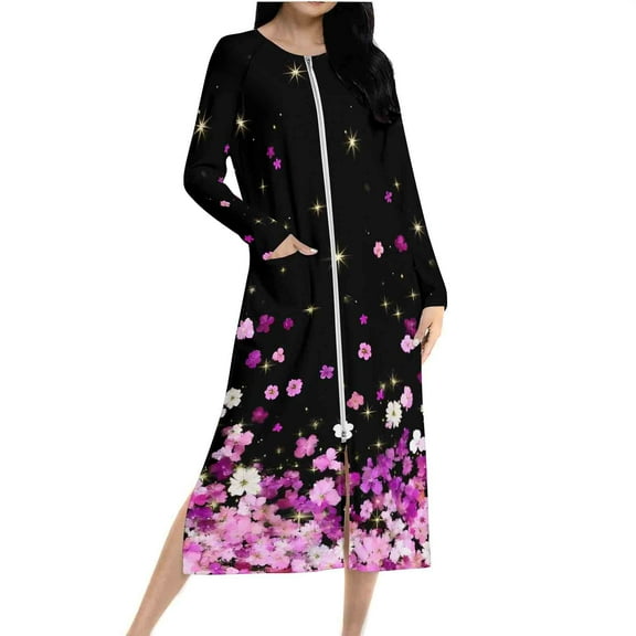 Women Fleece Zip Robe Long Sleeve Flannel Nightgown Warm Plush Sleepwear Floral Print Loungewear Winter Dress