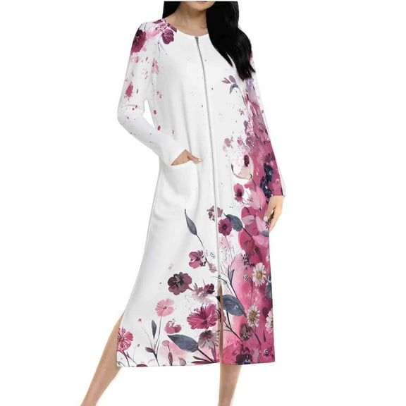 Women Fleece Zip Robe Long Sleeve Flannel Nightgown Warm Plush Sleepwear Floral Print Loungewear Winter Dress