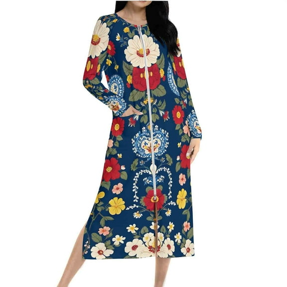 Women Fleece Zip Robe Long Sleeve Flannel Nightgown Warm Plush Sleepwear Floral Print Loungewear Winter Dress