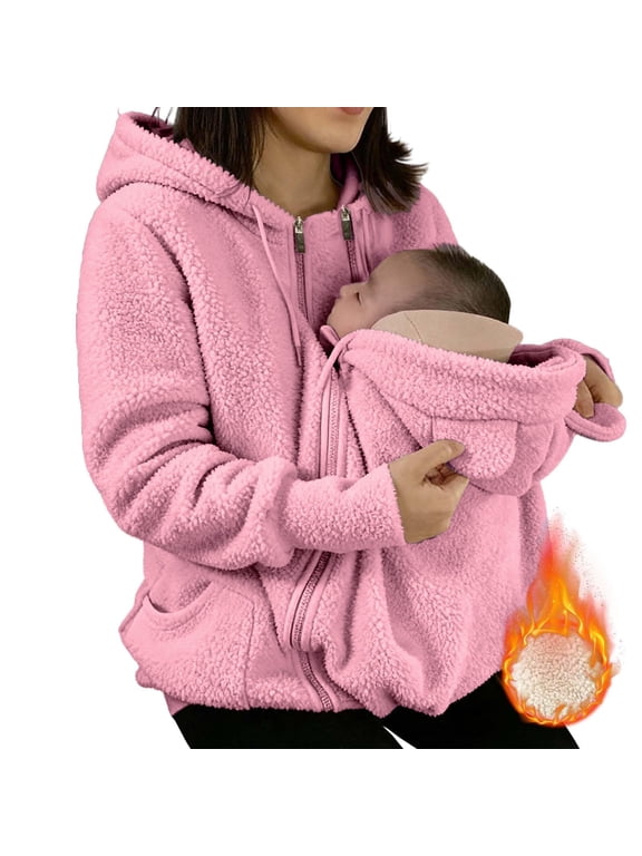 Women Fleece Zip Up 2 in 1 baby Wearing Jacket Thicken Warm Winter Maternity Coat for Mom baby Wearing Clothes Pink XL
