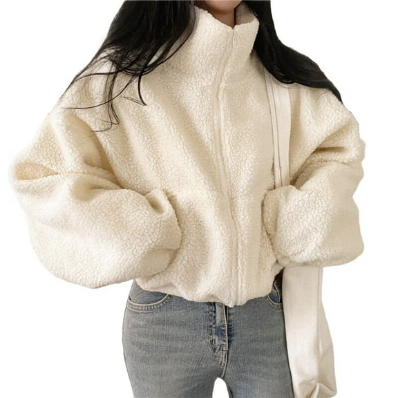 Women Fleece Zip Up Jacket Cute Y2K Winter Warm Trendy Crop Coat Shacket Outerwear Aesthetic Clothes Color M