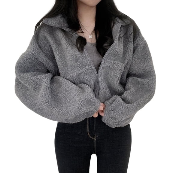 Women Fleece Zip Up Jacket Cute Y2K Winter Warm Trendy Crop Coat Shacket Outerwear Aesthetic Clothes Gray M