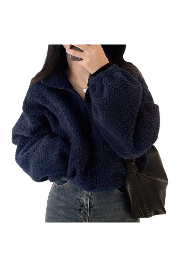 Women Fleece Zip Up Jacket Cute Y2K Winter Warm Trendy Crop Coat Shacket Outerwear Aesthetic Clothes Navy Blue M