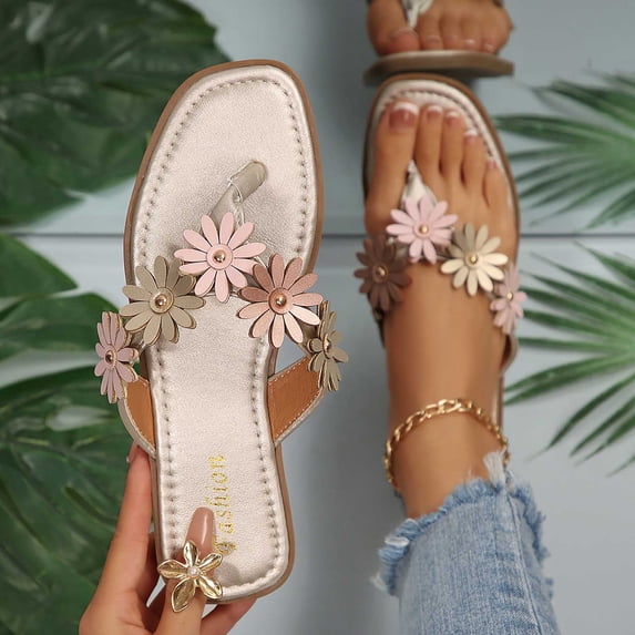 Women Flip Flop Slide Sandals Flat Open Toe for Daily Outdoor Wear Beige 7.5