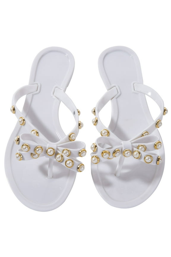 Women Flip-Flops Pearls Bow Sandals Beach Flat Rivets Rain Jelly Gold Pearls White Wedding
