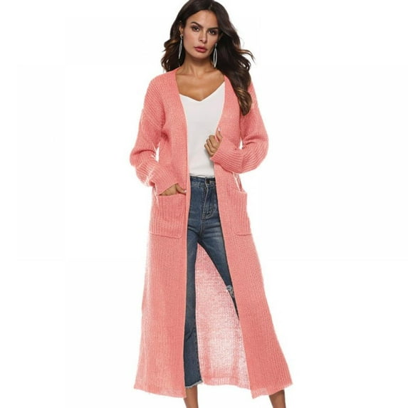 Women Floor Length Open Front Drape Cardigan Lightweight Long Sleeve Maxi Duster with Pockets,Thin Cable Knit Long Sweater Coats Outerwear Lightweight Duster Sweater,S-2XL Pink