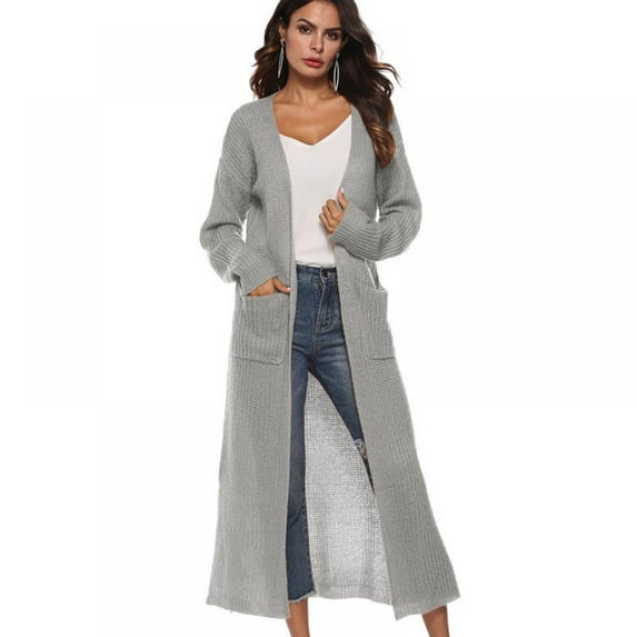 Women Floor Length Open Front Drape Cardigan Lightweight Long Sleeve Maxi Duster with Pockets,Thin Cable Knit Long Sweater Coats Outerwear Lightweight Duster Sweater,S-2XL Gray