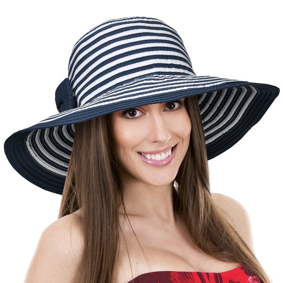 Women Floppy Sun Beach Hats w/ Bow Wide Brim Summer UV Protection Foldable Gardening Hiking Cap by Solaris Navy