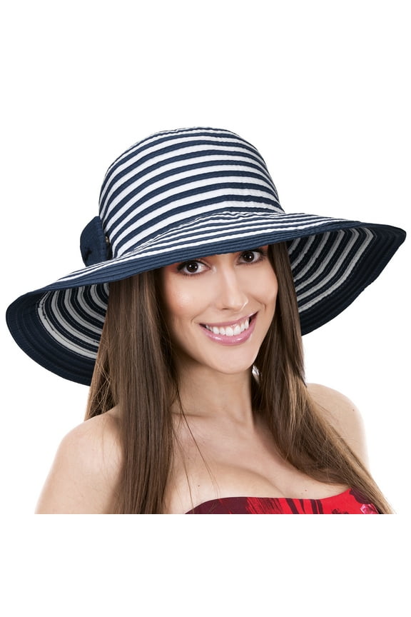 Women Floppy Sun Beach Hats w/ Bow Wide Brim Summer UV Protection Foldable Gardening Hiking Cap by Solaris Navy