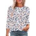 thumbnail image 1 of Women Floral 3/4 Length Sleeve Tops Summer Pleated Crewneck T Shirt Classic Basic Tee Tunic Blouses, 1 of 7