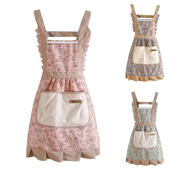 Women Floral Aprons with Pockets Flower Kitchen Cooking Aprons with Adjustable Strap Vintage Waterproof Resistant Apron for Kitchen Baking Gardening Household Cleaning Gift Supplies